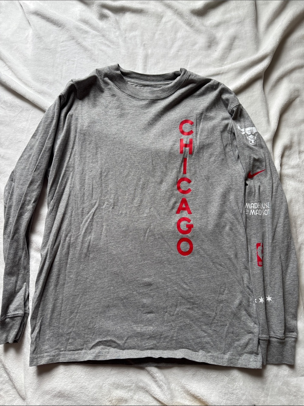 Chicago Bulls Nike Gray Long Sleeve Chicago Graphic Shirt with Red Accents